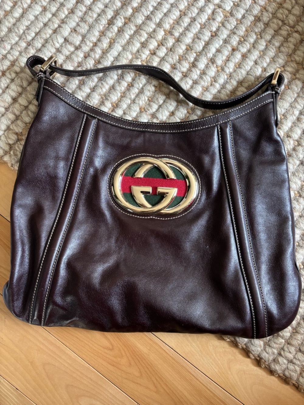 Vintage Gucci Brown Leather Medium Britt Shoulder Hobo Bag with Red & Green Web